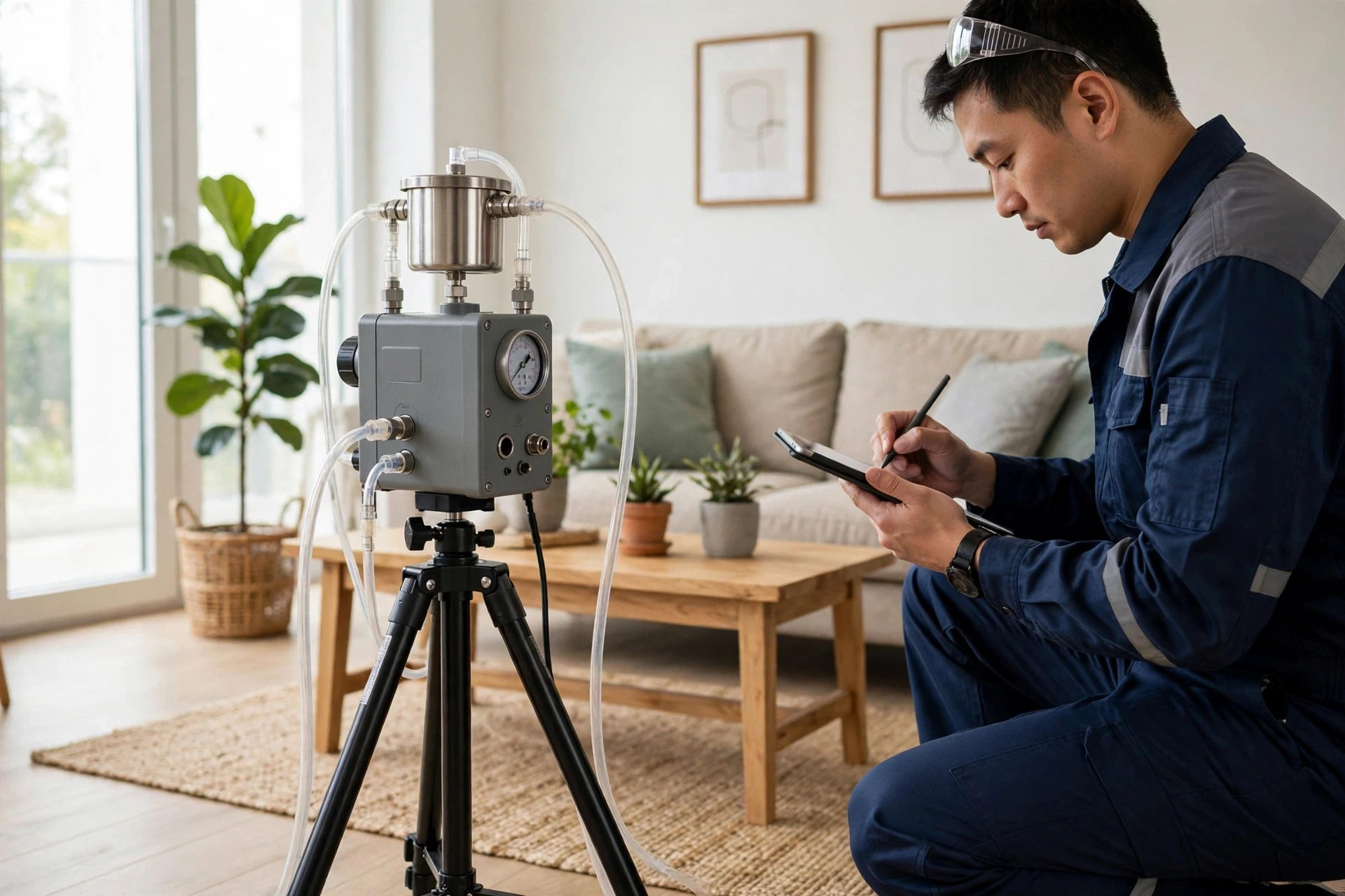 Professional air sampling pump on tripod collecting indoor air samples in a living room