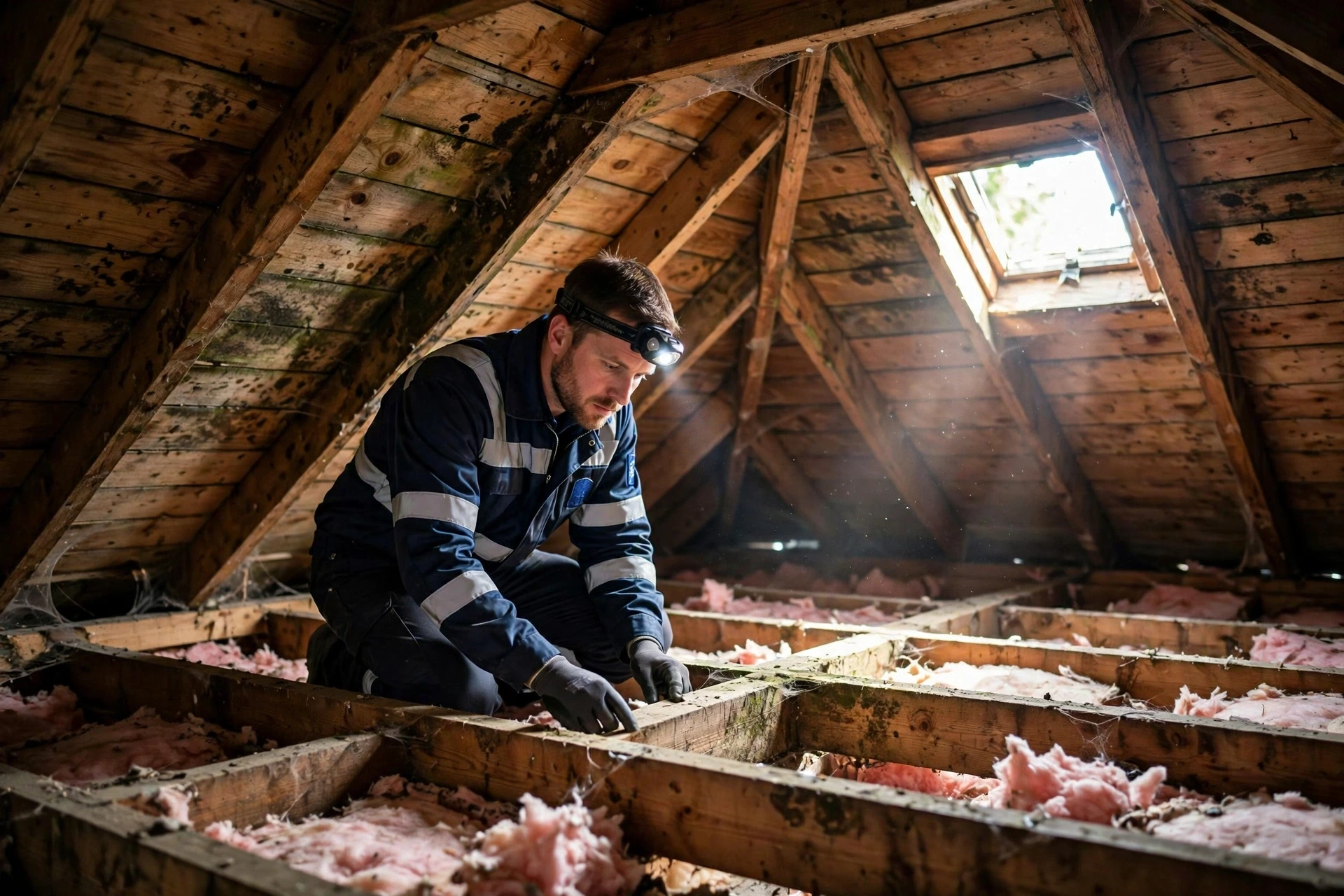Inspector with headlamp examining wooden roof sheathing in a residential attic