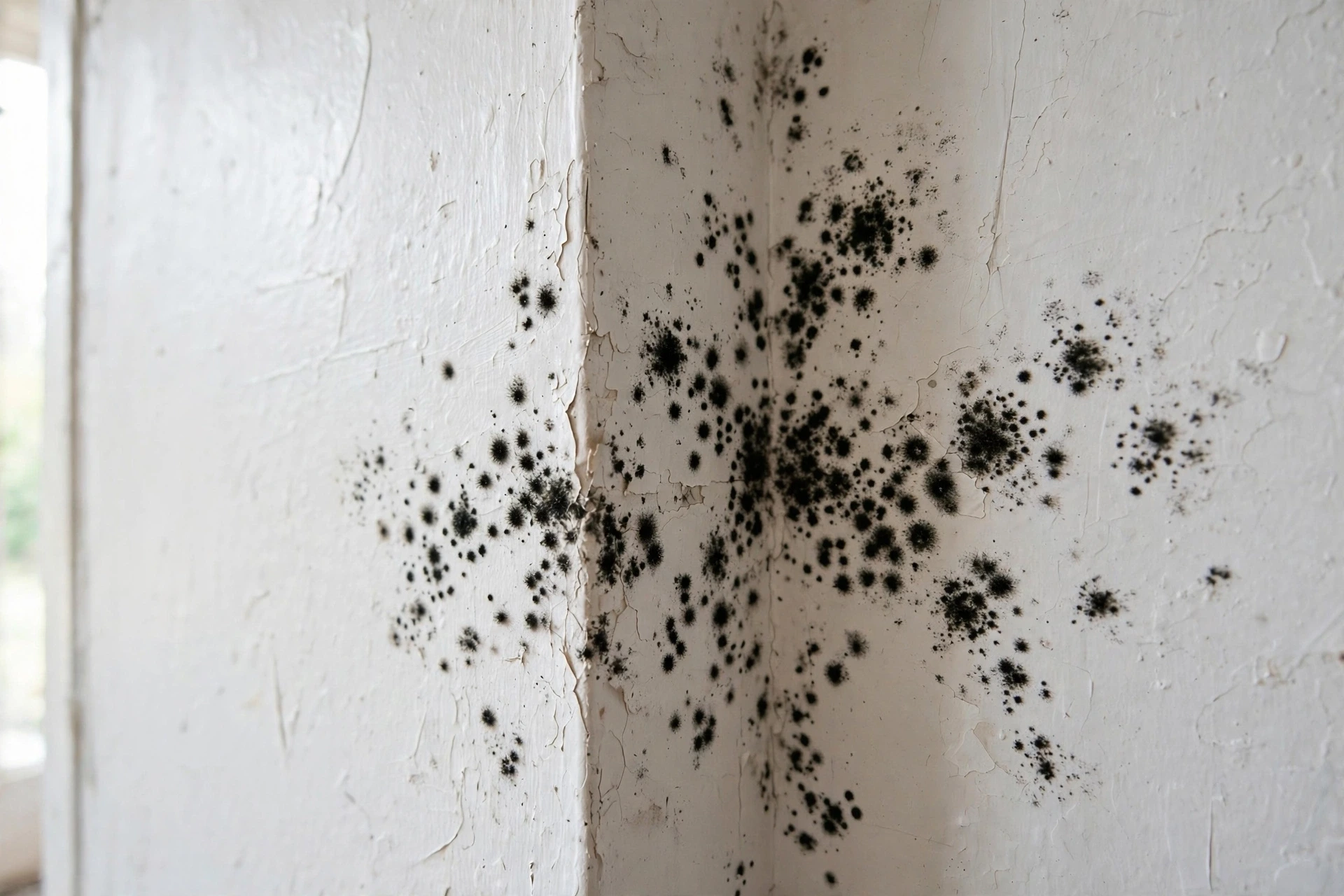 Close-up of black mold growth on a drywall wall corner