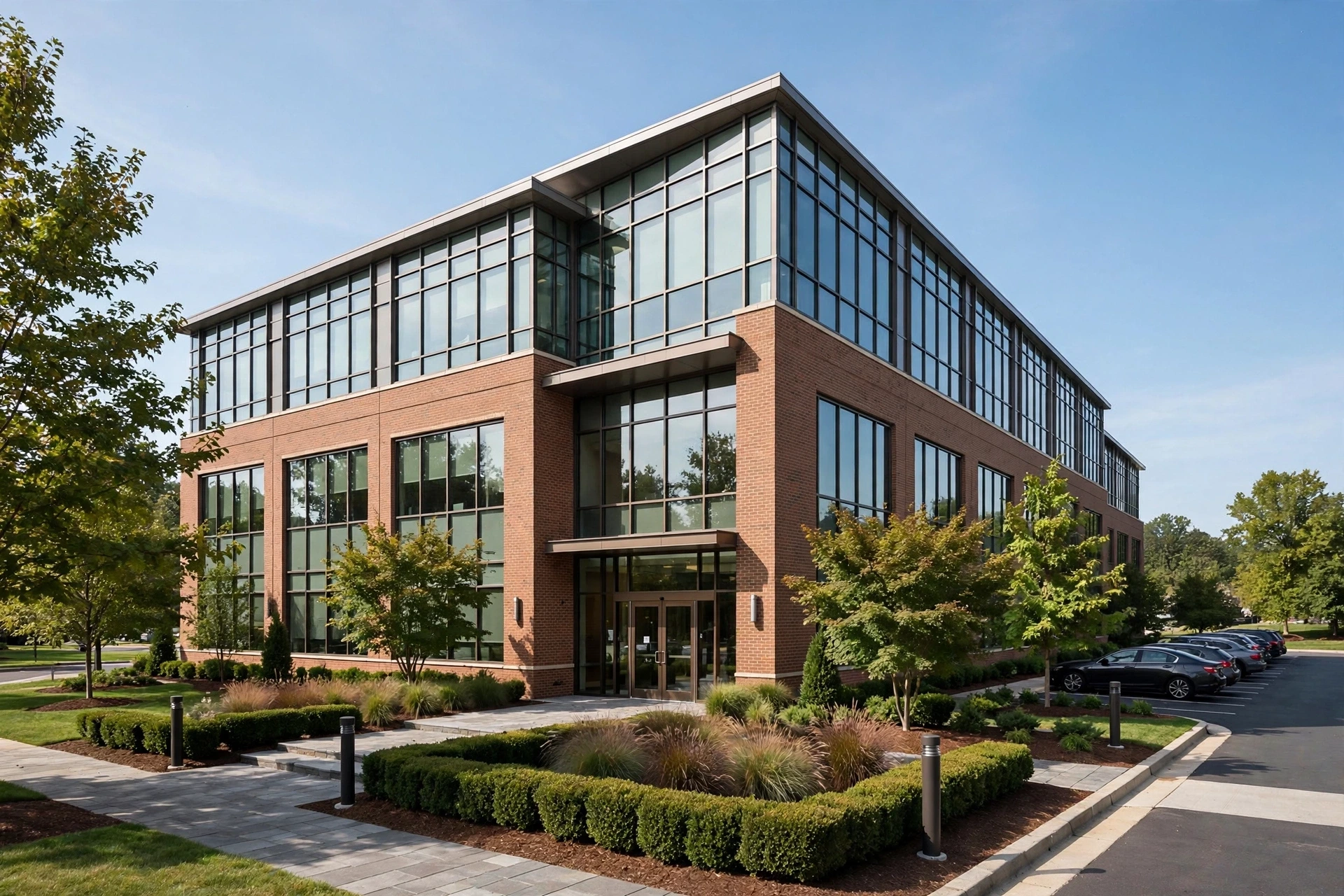 Modern suburban commercial office building exterior in Northern Virginia