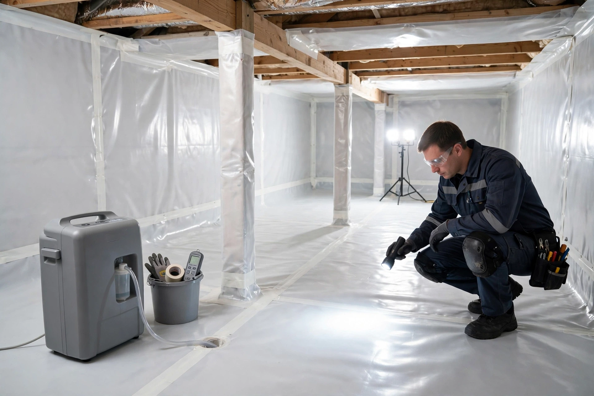 Clean encapsulated crawl space with vapor barrier and technician inspecting with flashlight