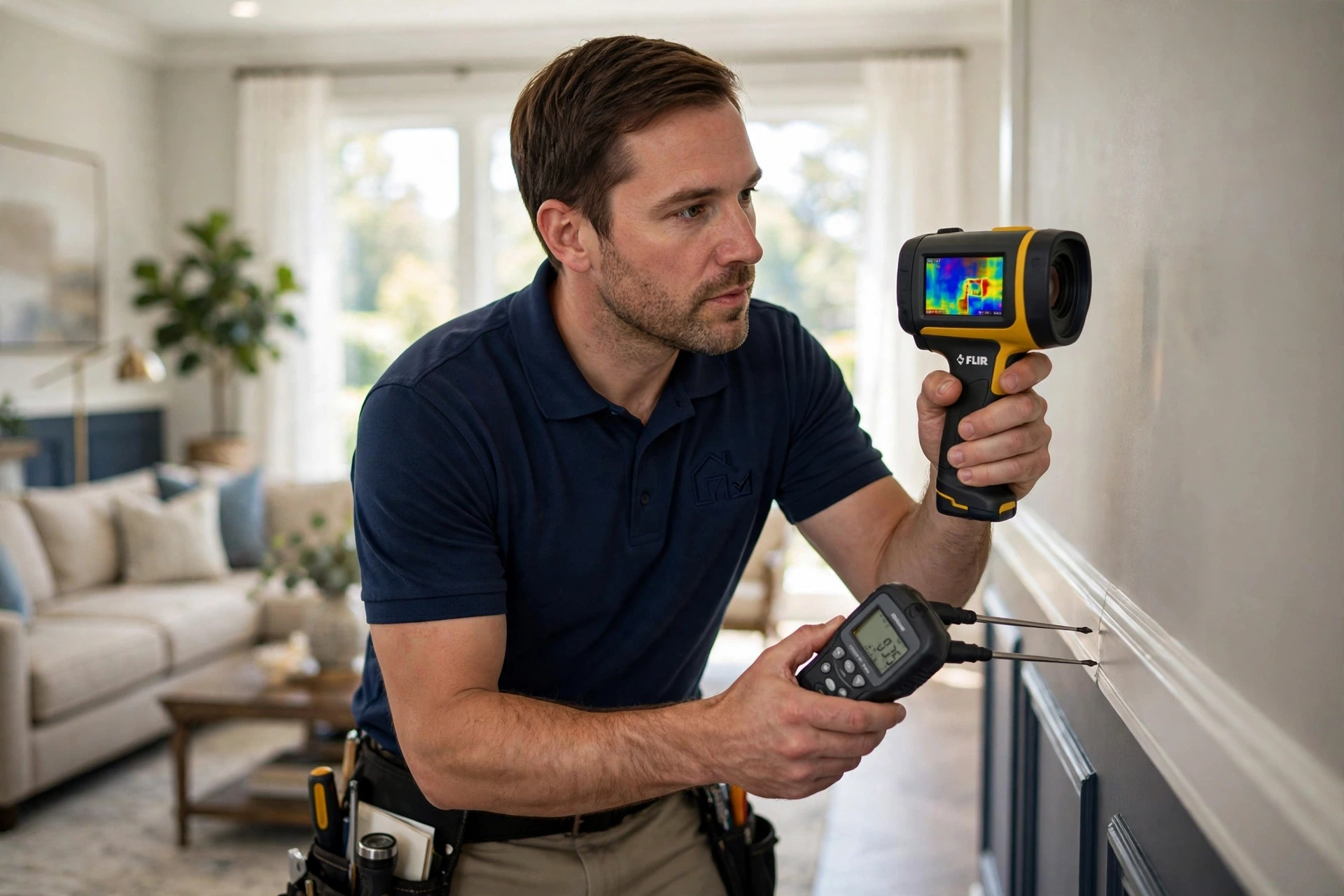 Home inspector using a thermal imaging camera to check a wall for hidden moisture