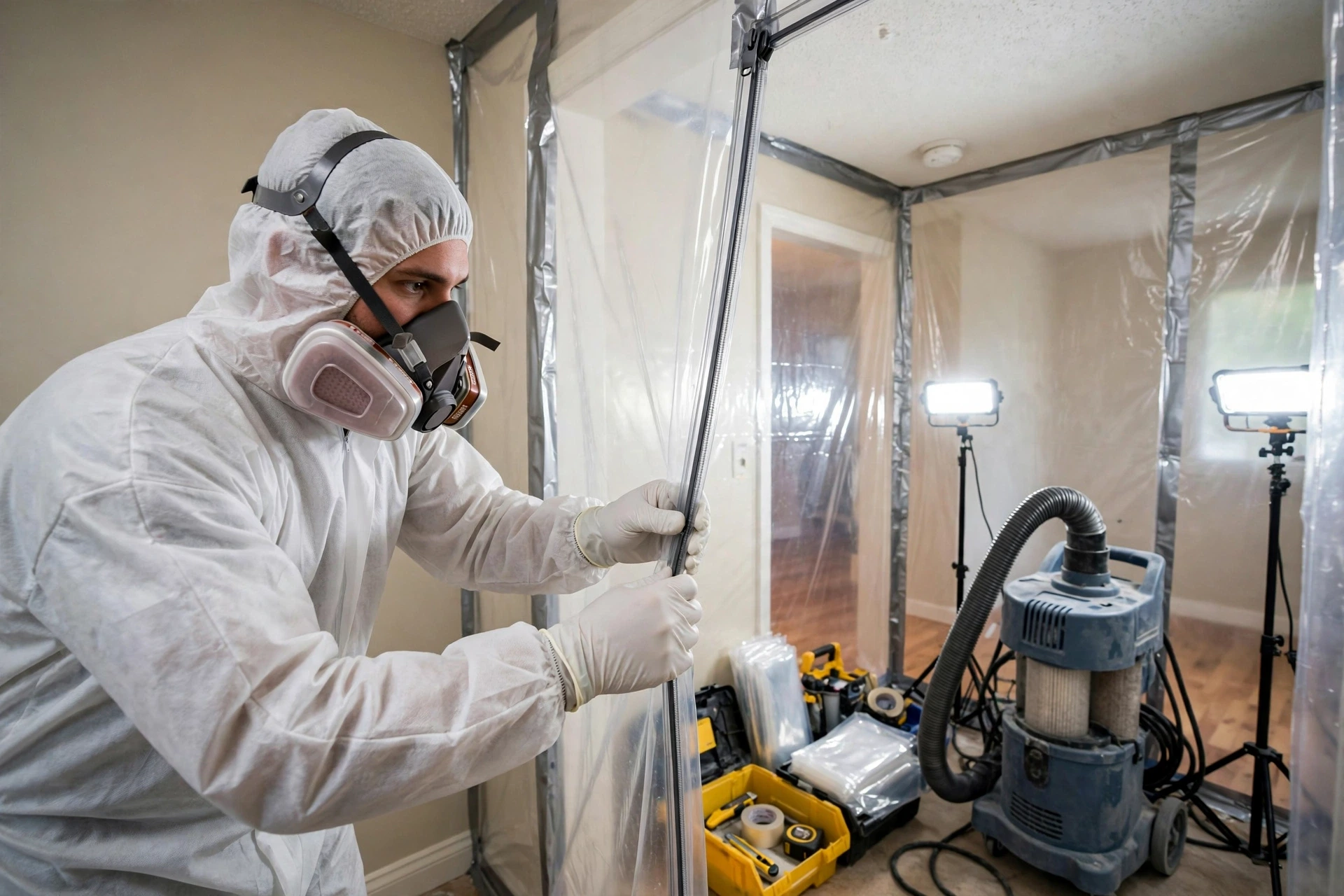 Technician in protective gear installing plastic containment barriers during mold remediation